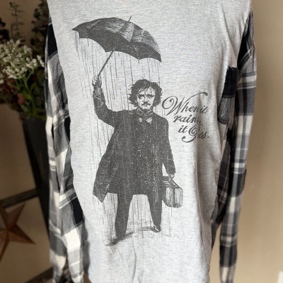 Edgar Allen Poe Pun Refashioned Upcycled Reworked Flannel ~S/M See Measurements - Picture 2 of 4